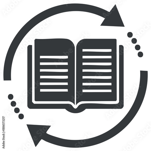 Open book with circular arrows symbolizing learning and knowledge exchange