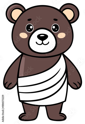 Cute cartoon brown bear with cheerful expression wearing a white toga