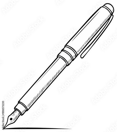 Classic fountain pen drawing with ink line, vintage writing instrument illustration