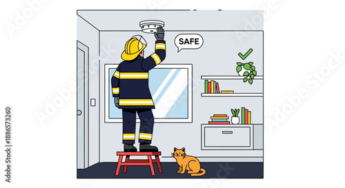 Firefighter Extinguishing Kitchen Fire in Modern Illustration