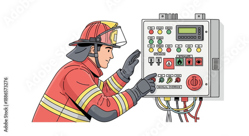 Firefighter Extinguishing Kitchen Fire in Modern Illustration
