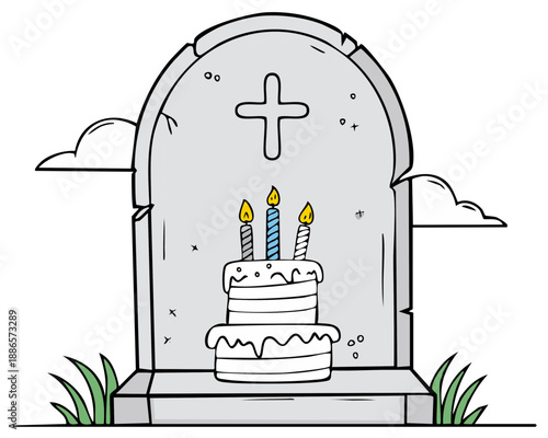 Cartoon Gravestone with Birthday Cake and Candles in Cemetery Scene