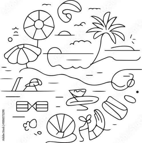 Seaside illustration with beach elements and tropical scenery