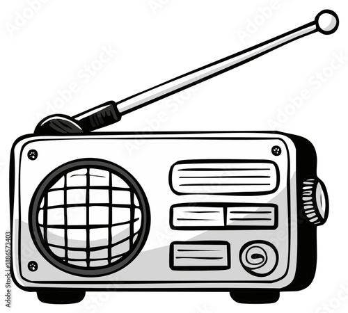 Cartoon radio receiver with antenna for broadcast or entertainment, isolated artwork.