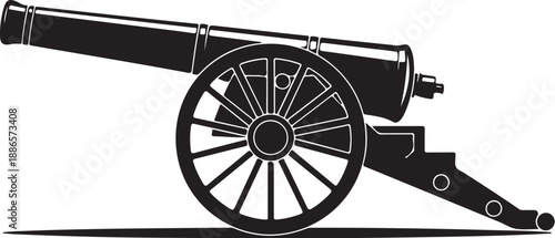 Black cannon with spoked wheel on a flat surface artillery