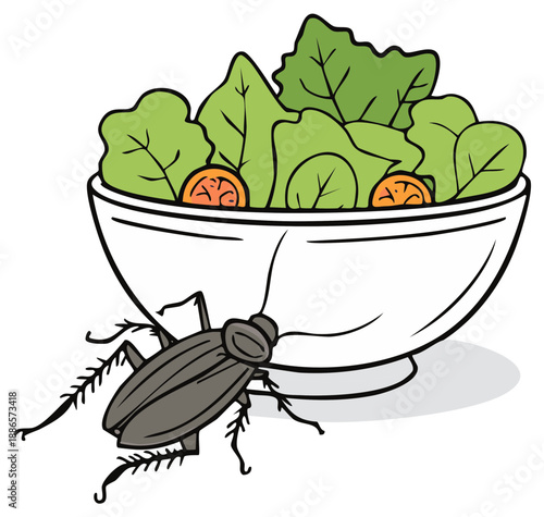 Cockroach near salad bowl. Unhygienic food. Contamination vector concept