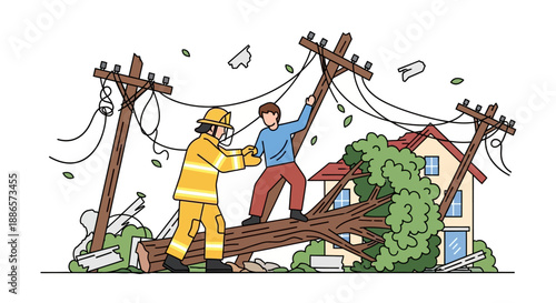 Firefighter Extinguishing Kitchen Fire in Modern Illustration