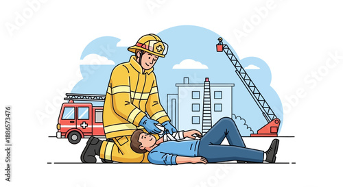 Firefighter Extinguishing Kitchen Fire in Modern Illustration