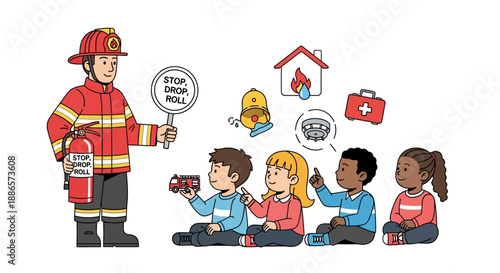 Firefighter Extinguishing Kitchen Fire in Modern Illustration