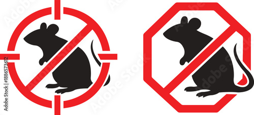 Set of two no rats prohibition vector icons featuring solid rat silhouettes and red stop symbols. Minimal pest control signs ideal for signage, packaging, and safety use.