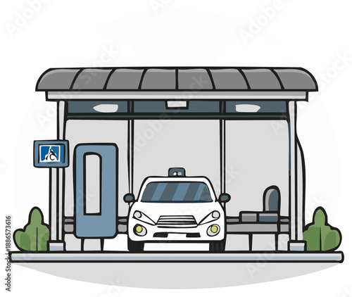 White taxi cab waits at a modern bus stop shelter with accessibility sign