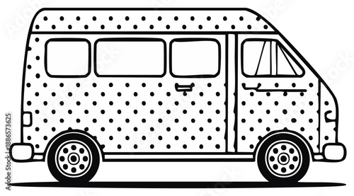 Black and white illustration of polka dot van, side view