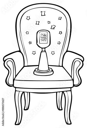 Vintage microphone sits on an ornate upholstered armchair with star pattern