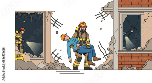 Firefighter Extinguishing Kitchen Fire in Modern Illustration