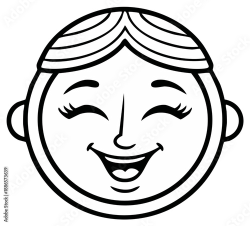 Smiling Cartoon Face with Eyelashes and Hair in Circle Frame Black and White Line Art Simple Cheerful Expression