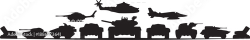 Black military vehicles and aircraft silhouettes on white background