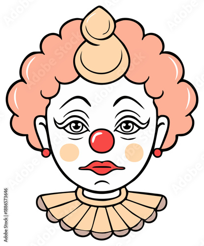 Cartoon clown illustration with rosy cheeks, red nose and mouth, and ruffled collar.