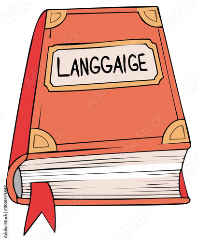 Vibrant orange hardcover language book illustration with stylized text and a prominent red bookmark for education