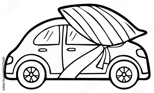 Cartoon car draped in a gift wrap with a large bow for celebration or surprise occasion