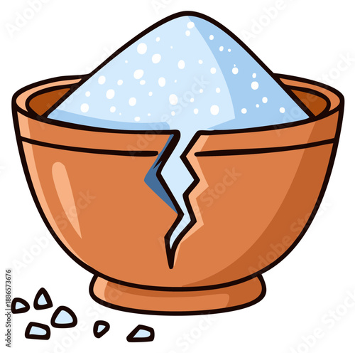 Cracked bowl overflowing with granulated sugar, spilled crystals