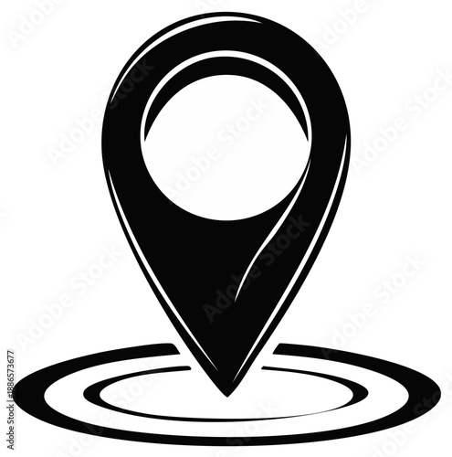 Black and white location pin map marker icon with circles representing a designated spot