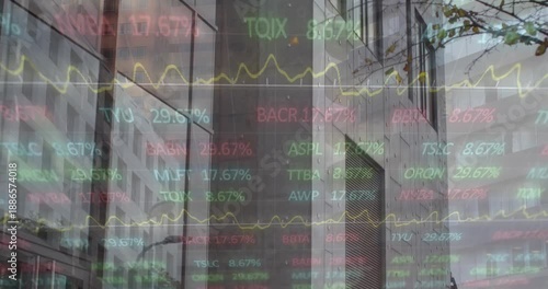 Animation of stock market data processing against tall building