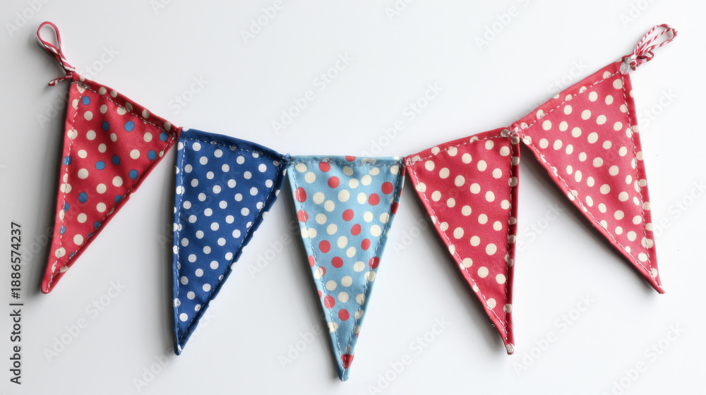 Fototapeta premium Bunting triangle fabric polka dot red blue decoration party festive bunting triangle fabric polka dot red and blue decoration party banner hanging cheerful celebration white background holiday