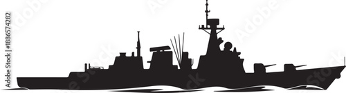 Black silhouette of a naval warship with multiple cannons and radar equipment