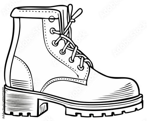 Black and White Illustration of a Heavy Duty Lace Up Boot for Coloring or Design