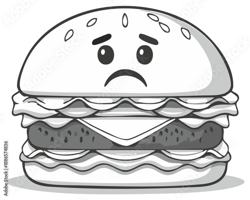 Sad hamburger cartoon character with droopy eyes and downturned mouth expressing unhappiness