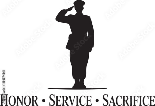 Black silhouette of soldier saluting with honor service sacrifice text
