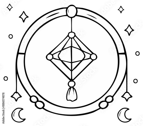 Ornate Dream Catcher Circle with Geometric Diamond Center and Celestial Crescent Accents