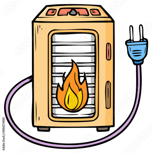 Portable Electric Heater with Burning Flame, Connected to Power with a Cord and Plug in a Cartoon Illustration