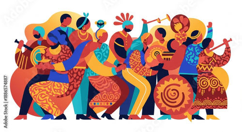 Vibrant group of people dancing and playing musical instruments together in colorful traditional attire