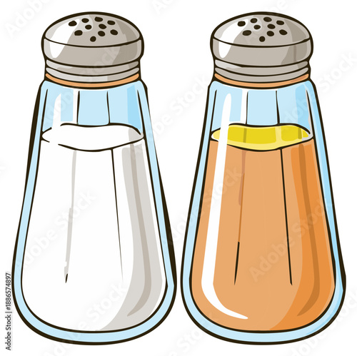 Simple cartoon illustration of a clear glass salt shaker and a pepper shaker for kitchen seasoning.
