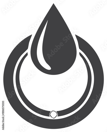 Black and White Graphic Symbol Featuring a Round Circular Emblem and Single Water Drop above with Minimalist Design
