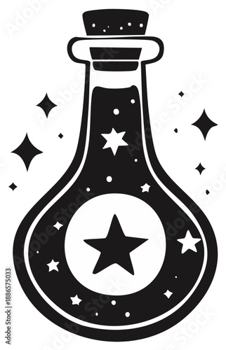 Whimsical Magic Potion Bottle with Stars and Sparkles Vector Illustration