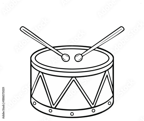 Outline Illustration of a Drum with Drumsticks, Musical Instrument Concept