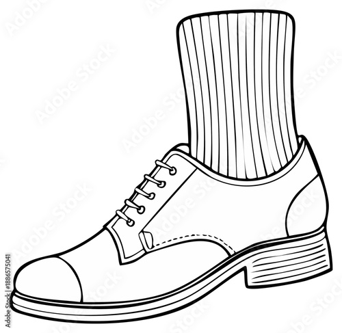 Classic Oxford Shoe With Vertical Striped Sock Hand Drawn Outline Illustration