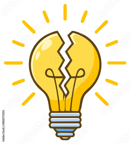 Cartoon of a broken light bulb emitting light suggests creative block. Symbol of creative frustration.