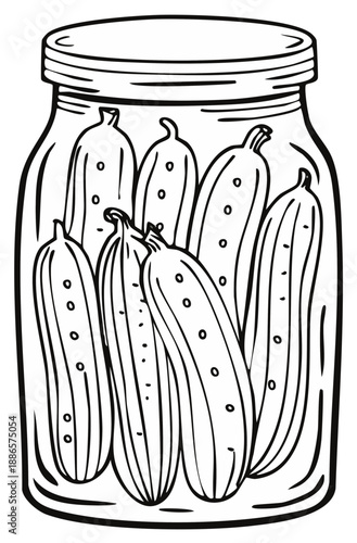 Pickles in Glass Jar Simple Line Art Style Illustration with Black Outlines Detailed and Clean Composition