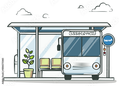 Bus stop and bus vector illustration, transport station with seats and plant waiting, traveling platform and public transportation doodle drawing