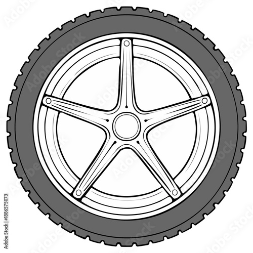 Modern car tire with five spoke alloy wheel rim illustration