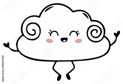 Joyful cartoon cloud character with swirling curls and rosy cheeks dancing happily
