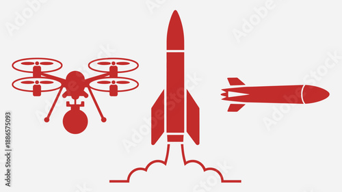 Red drone and rocket and missile symbols