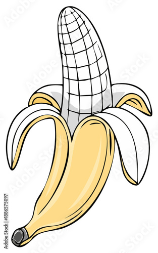 Partially Peeled Banana with Grid Texture Cartoon Graphic Illustration for Creative Projects and Design Elements