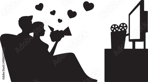Couple Watching with Reels and Hearts silhouette