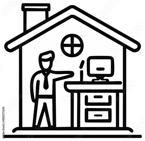 Simple Line Art: Person Working From Home at a Desk with a Computer Inside a House Icon