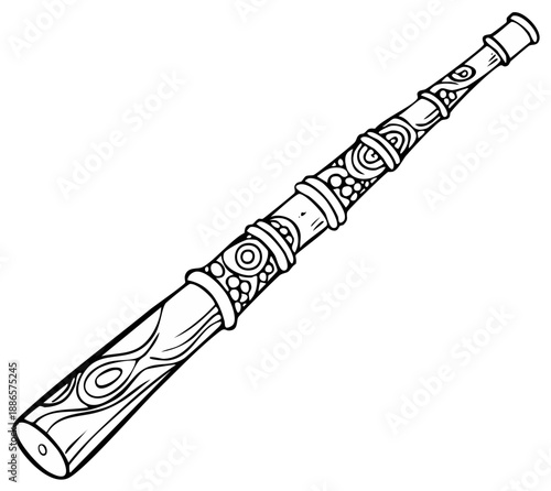 Didgeridoo Line Art Illustration, Indigenous Australian Wind Instrument with Dot Patterns, Black and White
