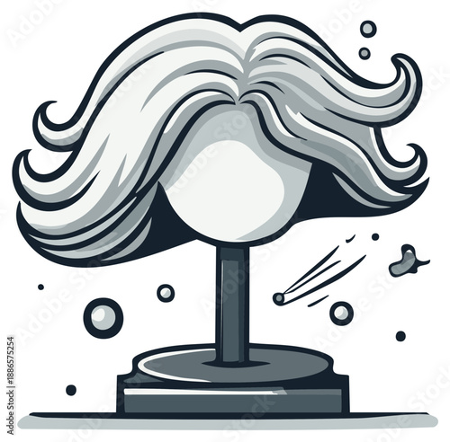 Cartoon display mannequin head with curly hair and floating elements.